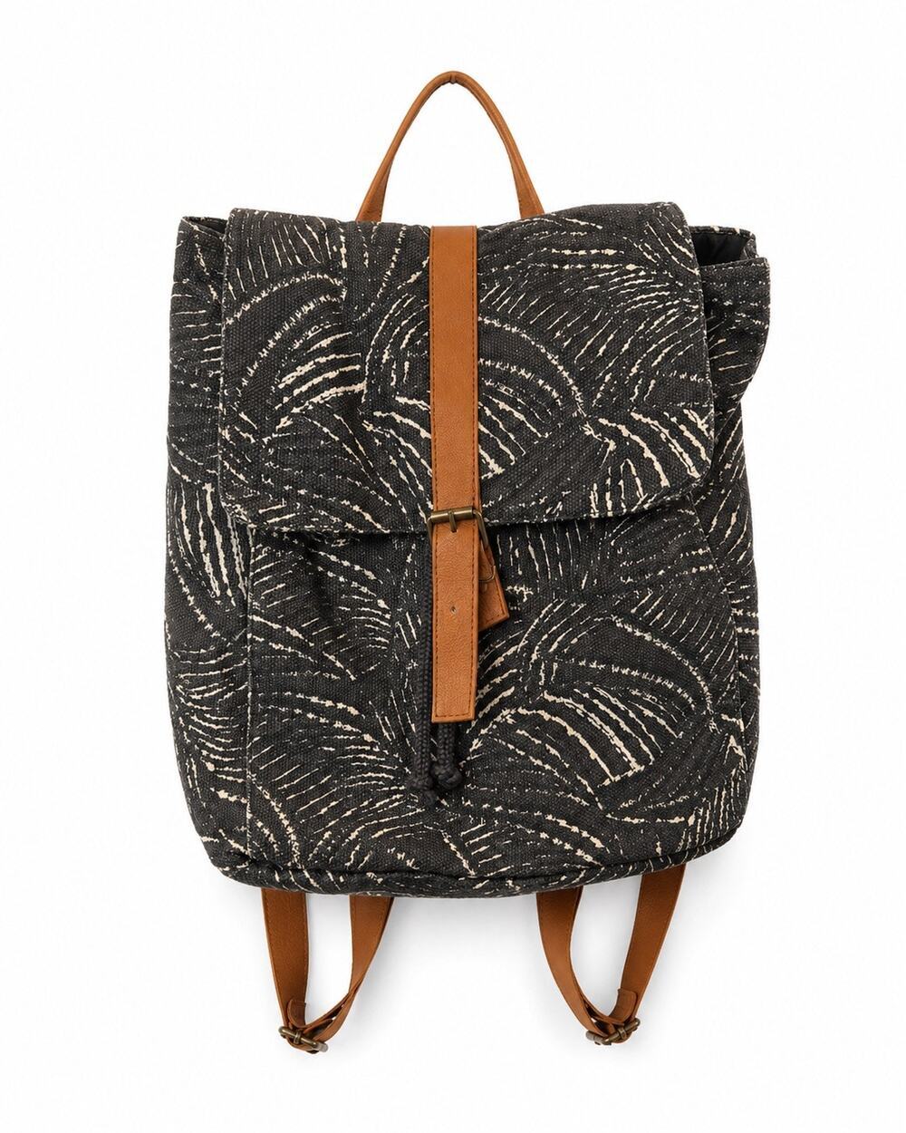Lu & Elle Canvas Backpack Gray White Palm Print Tan Faux Leather Straps Boho Bag